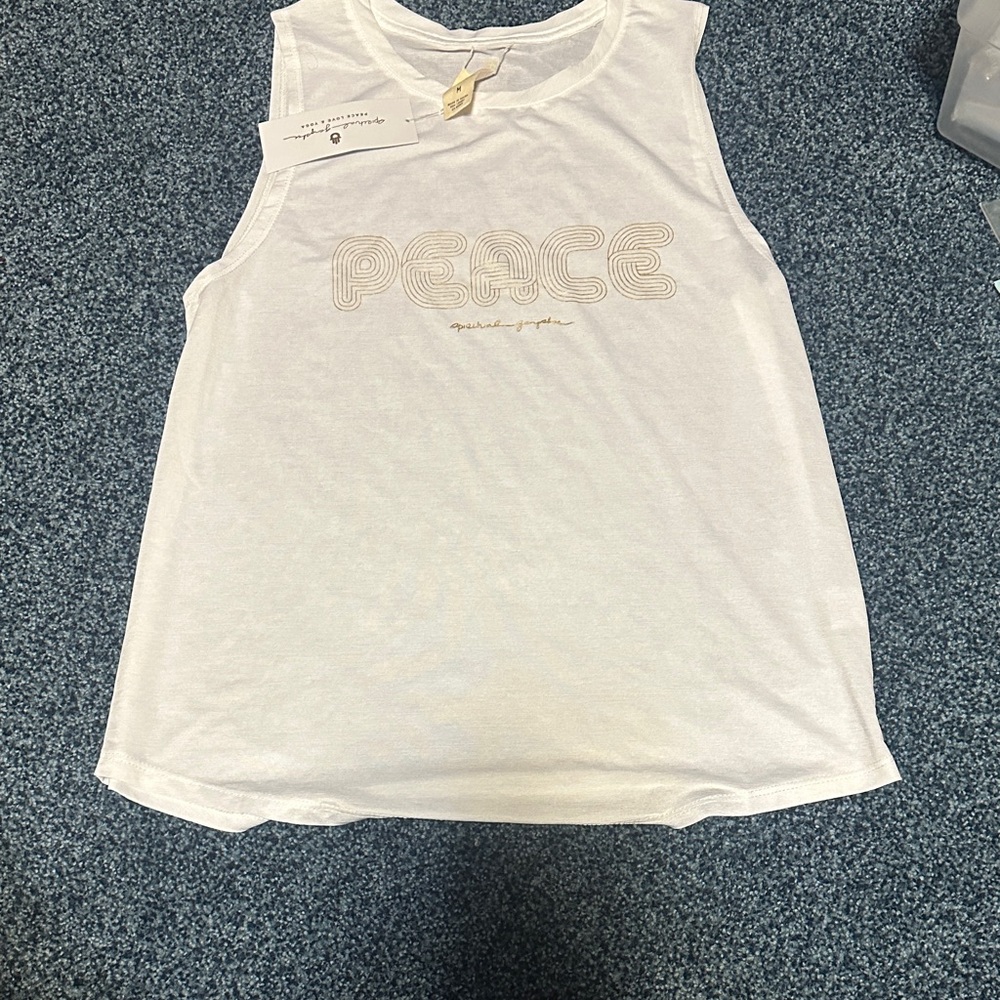 Spiritual Gangster gold lettered “Peace” sleeveless tank from Equinox nwt $58